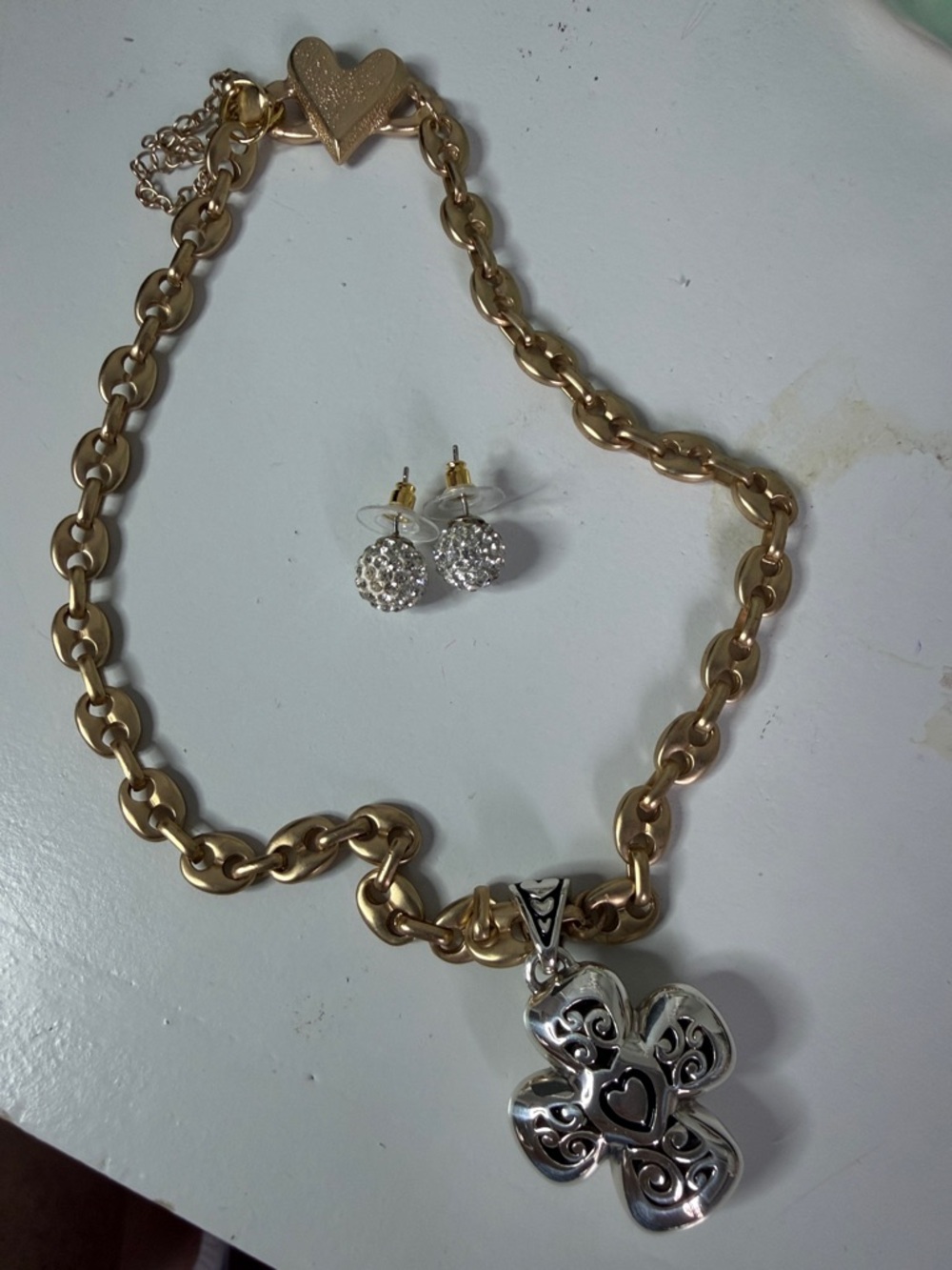 Brighton Two-Tone Gold Chain Necklace with Silver Floral Heart Clover Pendant